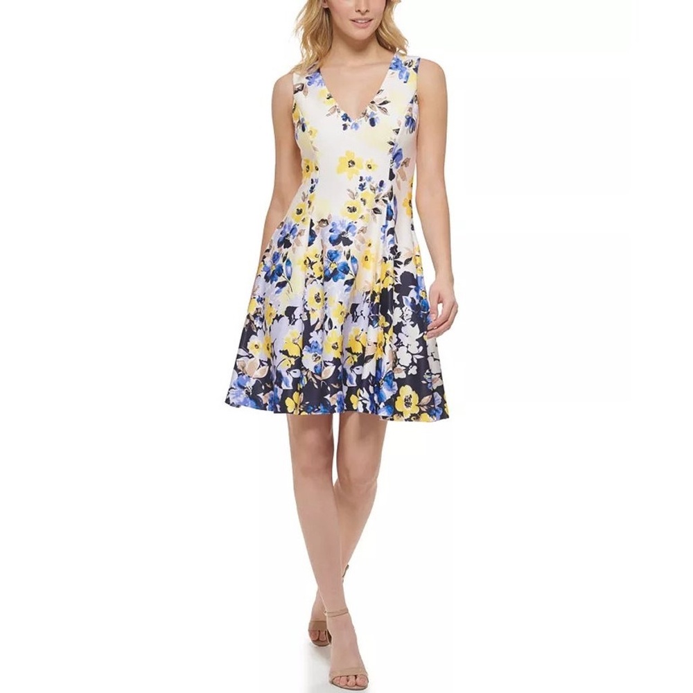 NWT Vince Camuto Printed V-Neck Scuba Crepe Dress Multicolor Size 6